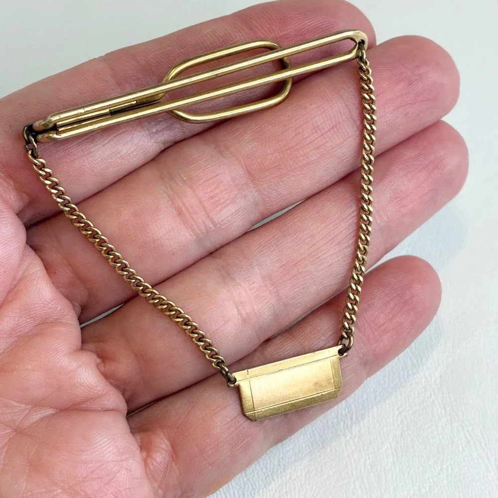 Vintage Swank Tie Chain Gold Filled Bar Clip Plaque Curb Link Mens Accessory